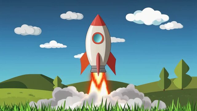 &ldquo;Cartoon-style rocket launching from grassy field with red accents, flames and smoke, blue sky and clouds&rdquo;
