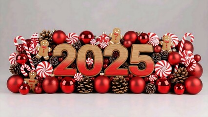 Vibrant 2025 New Year's Celebration Display Adorned with Festive Red Ornaments, Sweet Gingerbread Treats, and Candy Canes, Symbolizing Joyful Holiday Festivities and Future Hopes
