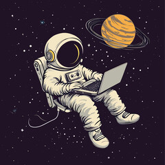 Fototapeta premium Cute astronaut in space floating with laptop near ringed planet starry background science technology concept vector illustration