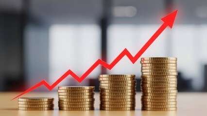 Golden coins stacked in ascending order with a rising red arrow graph showing economic growth and financial success