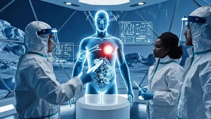 Scientists examining a holographic human anatomy model in a futuristic lab on a distant planet - Powered by Adobe