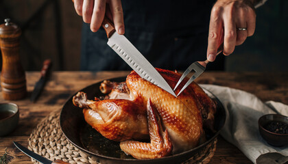 A person carving a roasted turkey on a wooden table with a knife and fork