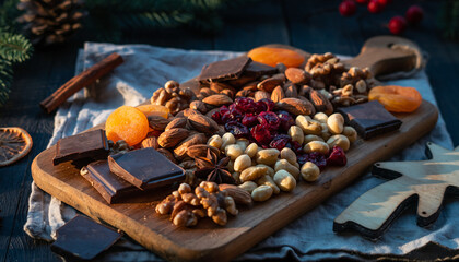 A wooden board filled with assorted nuts, chocolates, and dried fruits, placed on a rustic table amidst festive decorations.