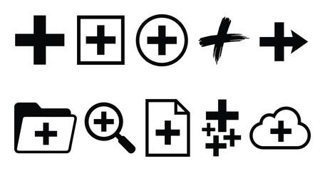 Obraz premium Add icon collection, plus sign symbols, new item creation, folder, document, search, cloud.