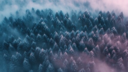 Dreamy aerial forest with pink mist and frosted tree tops for surreal atmospheric backgrounds and fantasy nature design