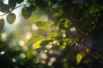 Soft green foliage with dreamy sunlight bokeh for natural calming backgrounds and botanical design visuals