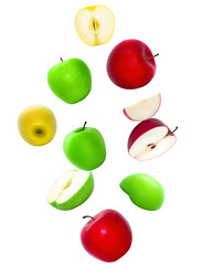 vibrant photograph of fresh red, green, and yellow apples, including whole fruits and slices, dynamically arranged on black.