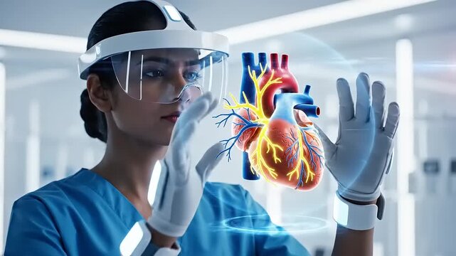 Medical professional interacting with a holographic heart model in a modern healthcare facility
