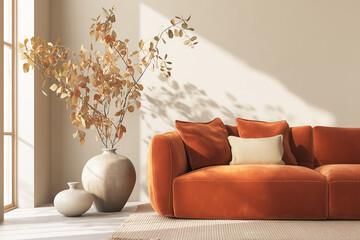 Warm living room mockup with modern orange sofa and soft natural light