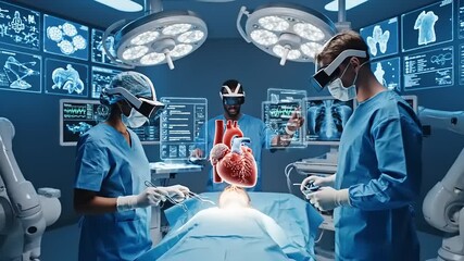 Surgeons using virtual reality technology to perform heart surgery in a modern operating room - Powered by Adobe
