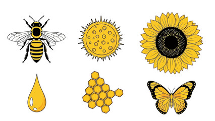 Vector art set of nature icons featuring a bee, sunflower, honeycomb, and butterfly. © Rumput