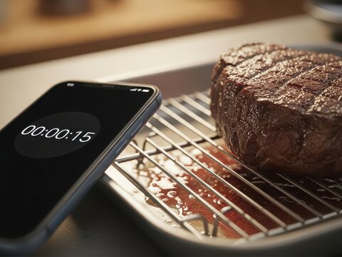 Smartphone timer counts fifteen seconds next to perfectly grilled steak on a rack