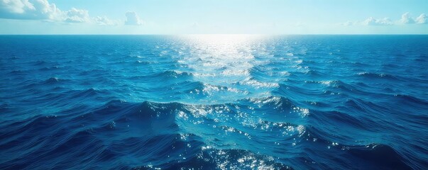 Vast, deep blue ocean stretches to the horizon, sunlight reflecting on endless waves A breathtaking view of the boundless sea, perfect for travel or nature themes , world, horizon