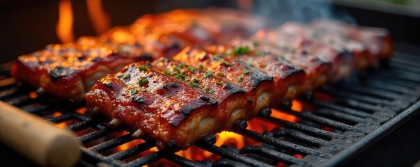 Juicy, smoky barbecue ribs glistening on a hot grill, surrounded by flames and delicious grilling tools Perfect for summer cookouts and BBQ recipes , caramelized, summer food, feast