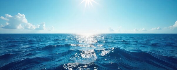 Vast, deep blue ocean stretches to the horizon, sunlight reflecting on endless waves A breathtaking view of the boundless sea, perfect for travel or nature themes , texture, natural, coastal