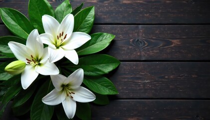 A somber yet beautiful funeral wreath of white lilies and green foliage, resting on a dark wooden surface Perfect for sympathy, remembrance, and grief concepts , peaceful, end of life