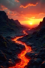 Golden sunset casts a warm glow on a volcanic landscape, lava flows cooling in the summer heat A mesmerizing scene of fiery rock and tranquil nature meeting , scenic, horizon, red