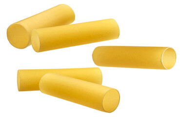 uncooked cannelloni pasta tubes, golden and cylindrical, arranged on a pristine transparent background. photograph.
