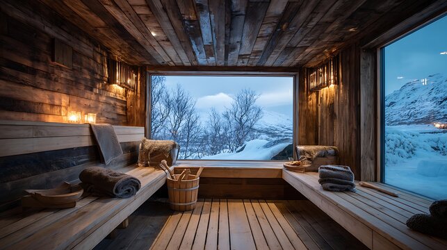 Cozy wooden sauna interior with snowy mountain view.