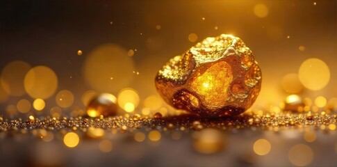 Close-up of a tiny, glittering golden nugget, radiating warmth and luxury Perfect for themes of wealth, preciousness, and miniature wonders , delicate, reflection, golden speck
