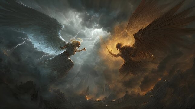 Angelic and demonic figures clash in storm