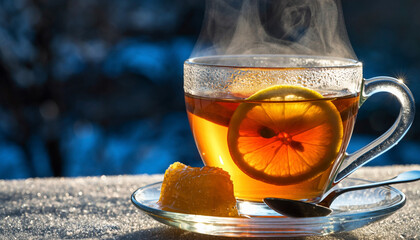 A steaming cup of tea with lemon slice on a saucer, placed on a snowy surface outdoors