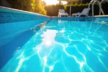Sparkling blue swimming pool shimmering under the summer sun, ready for a refreshing dip Perfect for relaxation and summer fun , bright, float, dive