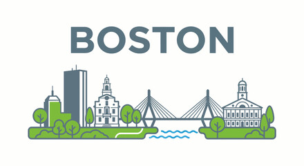 Fototapeta premium Boston city skyline landmarks illustration icon vector