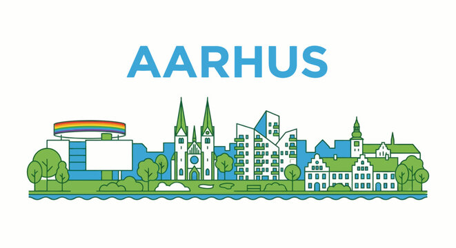 Aarhus city skyline panorama outlined vector illustration