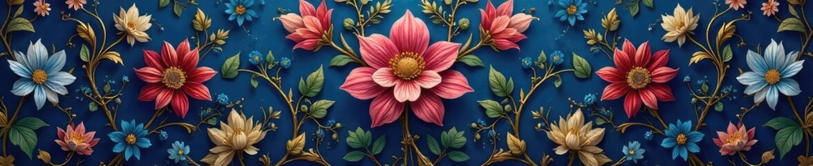 Luxurious floral pattern in regal deep blues and golds, perfect for textile design, wallpaper, or stationery Opulent and sophisticated, ideal for high-end branding , luxury design, leaves, pattern