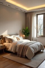 A serene and calming bedroom, designed for ultimate relaxation and comfort Soft lighting, plush textiles, and a tranquil atmosphere create a peaceful sanctuary , zen, bedroom