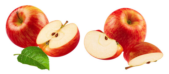 crisp, sweet red apples, with a whole fruit, a half, and a quarter slice showing the seeds, paired with a green leaf, isolated on a transparent background.