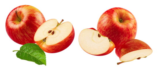 crisp, sweet red apples, with a whole fruit, a half, and a quarter slice showing the seeds, paired with a green leaf, isolated on a transparent background.