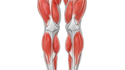 The muscles in both legs displayed on a white background, clearly showing their contour, structure, and anatomical position with precise lines
