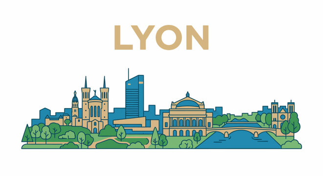 Lyon city skyline panorama flat line vector illustration