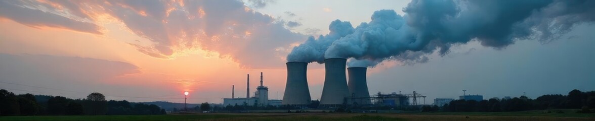 A majestic coal-fired power plant dominates the landscape, billowing steam against a dramatic sky Industrial infrastructure, energy generation, heavy industry at its peak , factory, energy, thermal