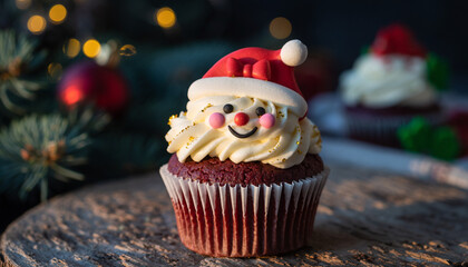 A Christmas cupcake with white frosting and a Santa hat on a wooden table near a Christmas tree