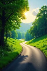 Serene winding road through lush green countryside, sunlight dappling through trees, perfect for travel, nature, and adventure themes , vibrant, road, peaceful