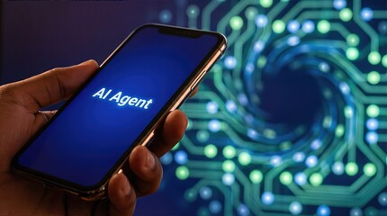 Hand holding smartphone displaying AI Agent on screen, surrounded by abstract digital circuit patterns, representing artificial intelligence and technology concepts with copy space