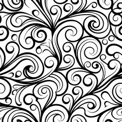 Intricate black and white floral swirls create a seamless decorative pattern