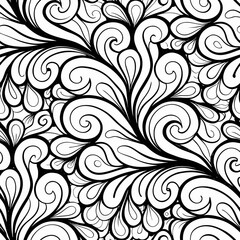 Intricate swirling patterns create a seamless black and white decorative design