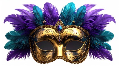 Ornate gold mask with feathers, blue gem, cutout eyes