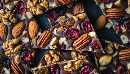 Close-up of artisanal dark chocolate bark studded with various nuts and dried cranberries.