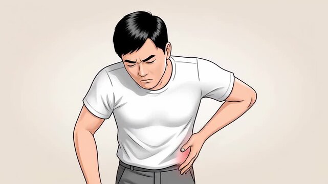Man Experiencing Hip Pain: Sequential Visuals Depicting Discomfort and Ailments