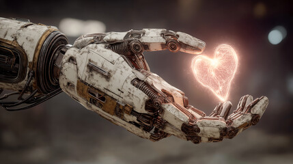 Futuristic robotic fingers gently tracing glowing heart design, technological love concept generated AI