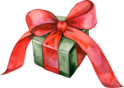 Watercolor illustration of a green gift box wrapped with a large red ribbon and bow. Festive holiday present perfect for Christmas designs, packaging, greeting cards, labels, d cor and seasonal brandi