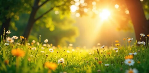 Obraz premium A bright, sunny day Golden light bathes a carefree scene of nature, filled with vibrant colors and a sense of peaceful joy Perfect for summer, vacation, or happiness themes , outdoors, nature scene