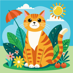 Cute Orange Tabby Cat Sitting in Sunny Tropical Garden Illustration
