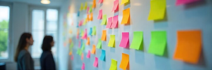A brainstorming session in progress, featuring colorful sticky notes on a glass whiteboard, representing innovative ideas and creative solutions , inspiration, planning