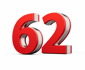 Bold Vibrant Red Number Sixty two Number 62 With Metallic On White Background 3D Illustration